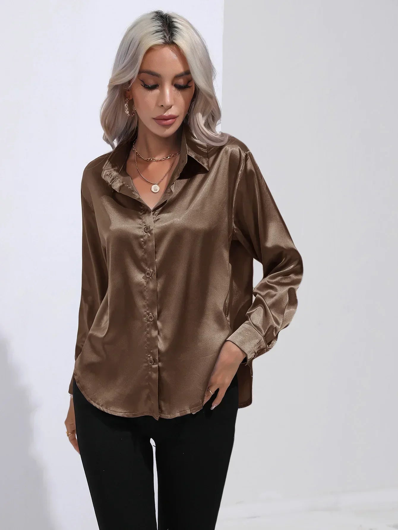 Women's Button-Down Satin Blouse - Long Sleeve V-Neck