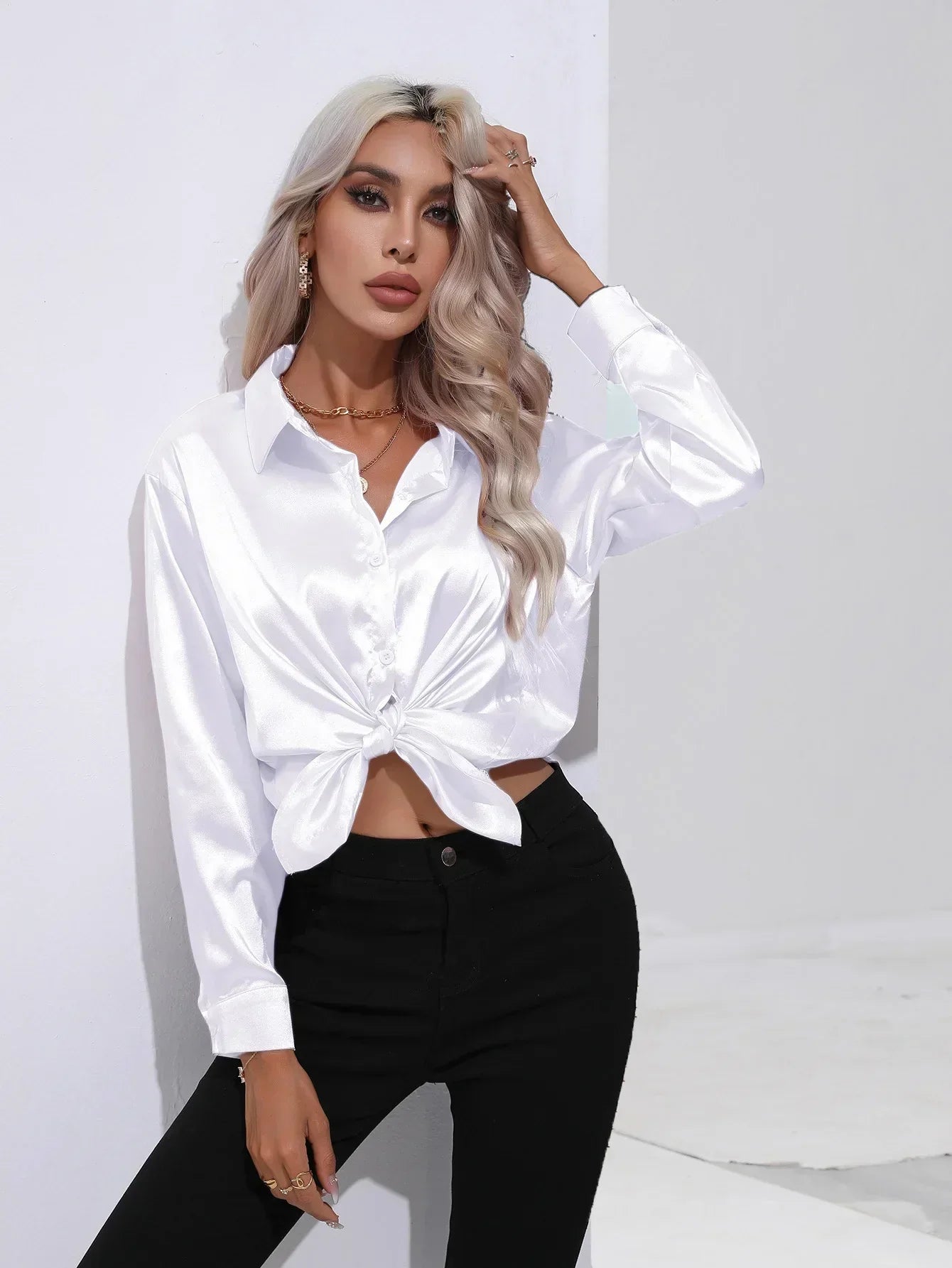 Women's Button-Down Satin Blouse - Long Sleeve V-Neck