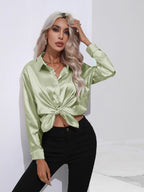 Women's Button-Down Satin Blouse - Long Sleeve V-Neck