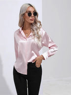 Women's Button-Down Satin Blouse - Long Sleeve V-Neck
