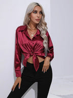 Women's Button-Down Satin Blouse - Long Sleeve V-Neck