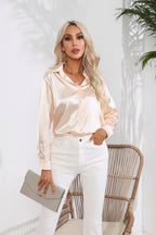 Women's Button-Down Satin Blouse - Long Sleeve V-Neck