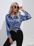 Women's Button-Down Satin Blouse - Long Sleeve V-Neck