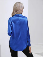 Women's Button-Down Satin Blouse - Long Sleeve V-Neck