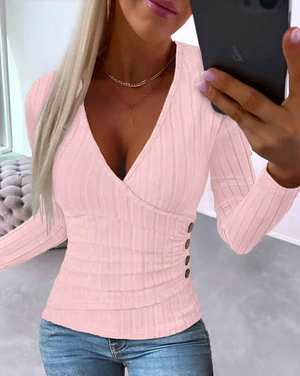 V-Neck Blouse - Long Sleeve Slim-Fit Office Top