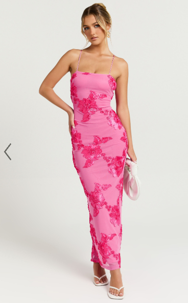 Figure-hugging dress with floral details and tie straps
