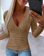V-Neck Blouse - Long Sleeve Slim-Fit Office Top