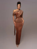 One-Shoulder Satin Maxi Gown with Draped Waist and Split