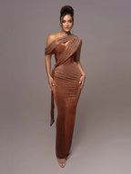 One-Shoulder Satin Maxi Gown with Draped Waist and Split