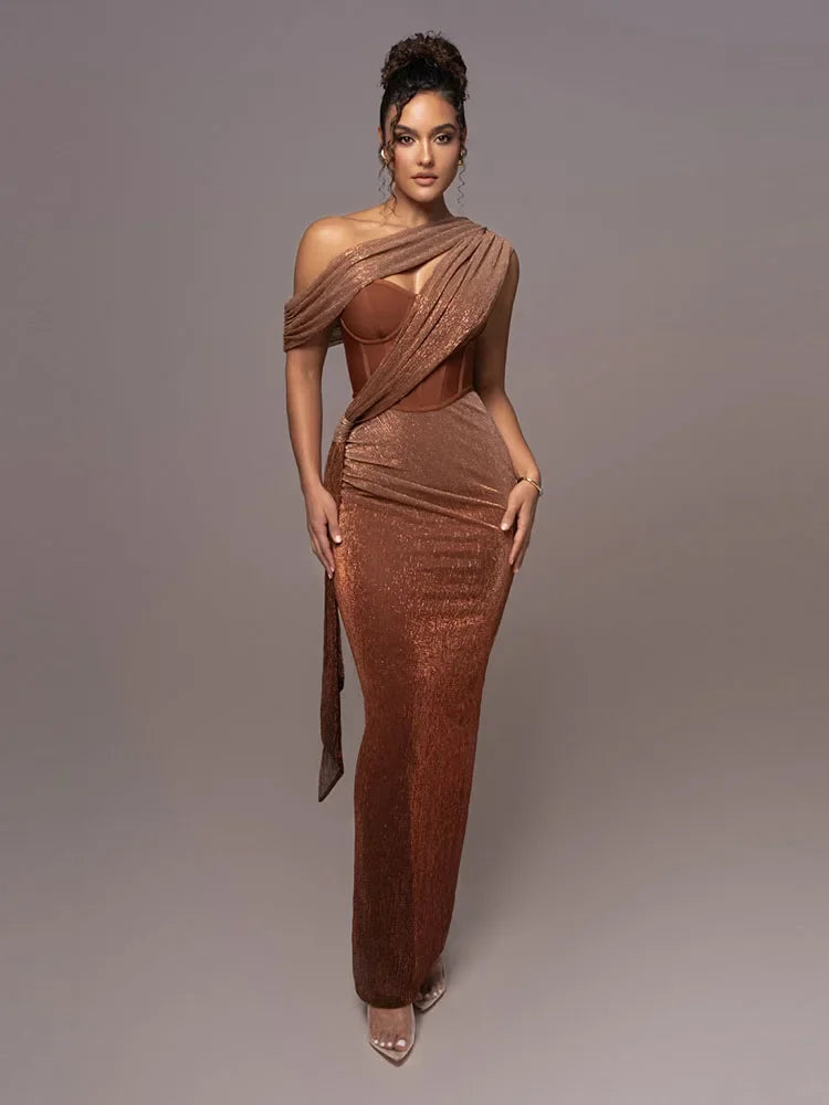 One-Shoulder Satin Maxi Gown with Draped Waist and Split