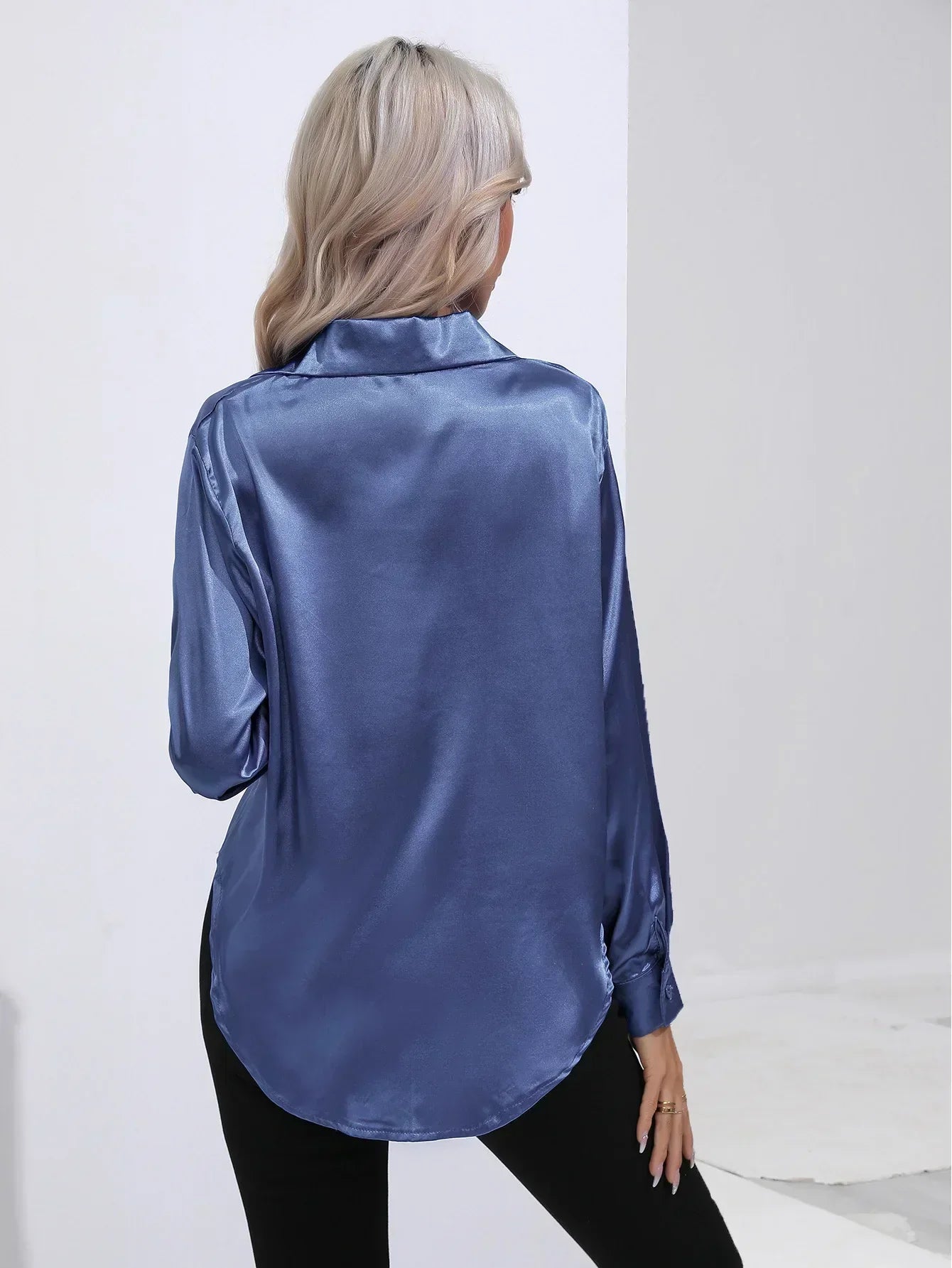 Women's Button-Down Satin Blouse - Long Sleeve V-Neck