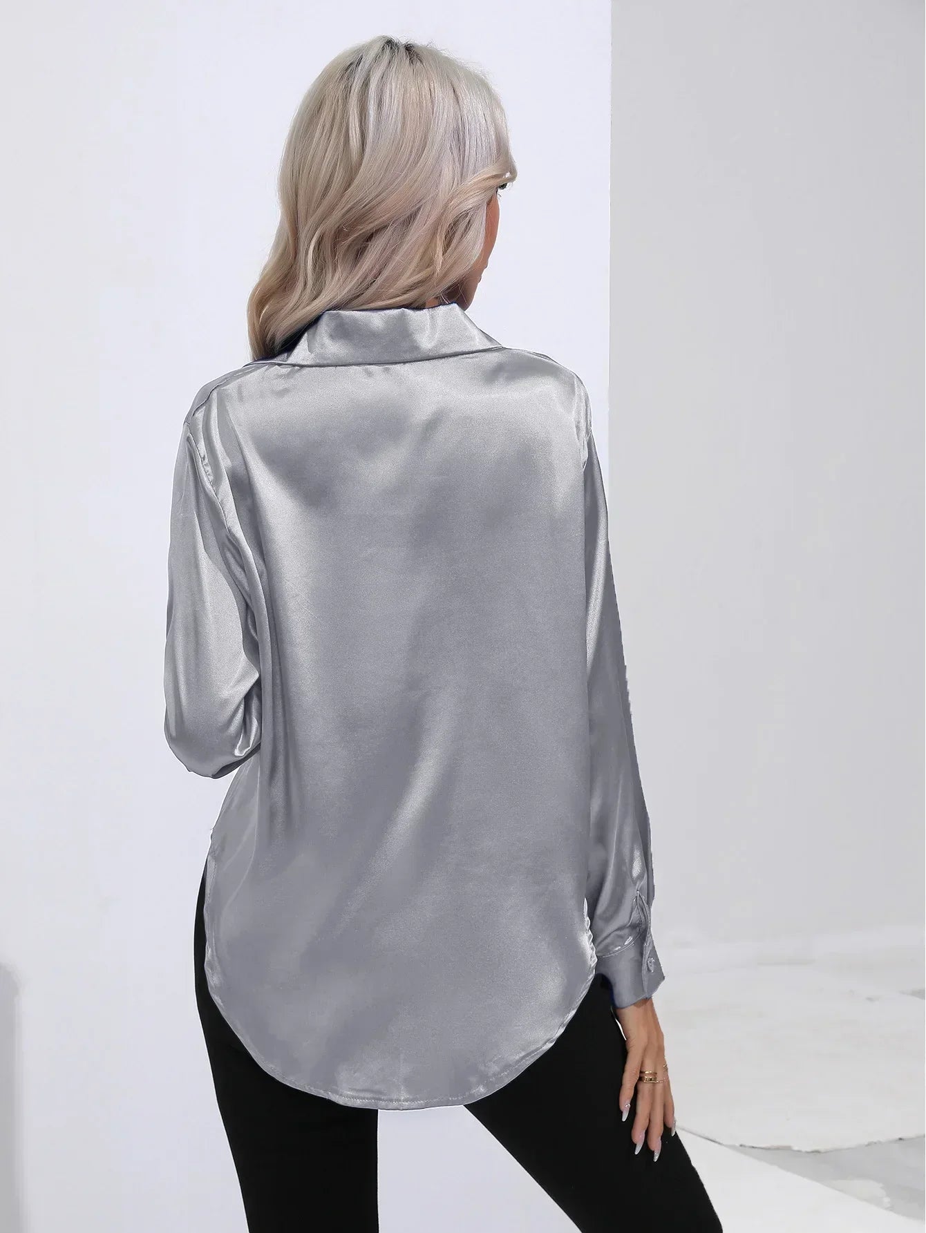 Women's Button-Down Satin Blouse - Long Sleeve V-Neck