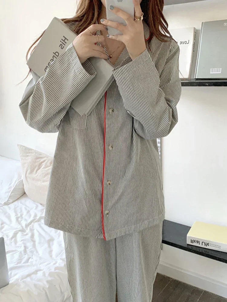 Women’s Striped 2-Piece Pajama Set with Button-Up Shirt and Trousers