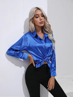 Women's Button-Down Satin Blouse - Long Sleeve V-Neck