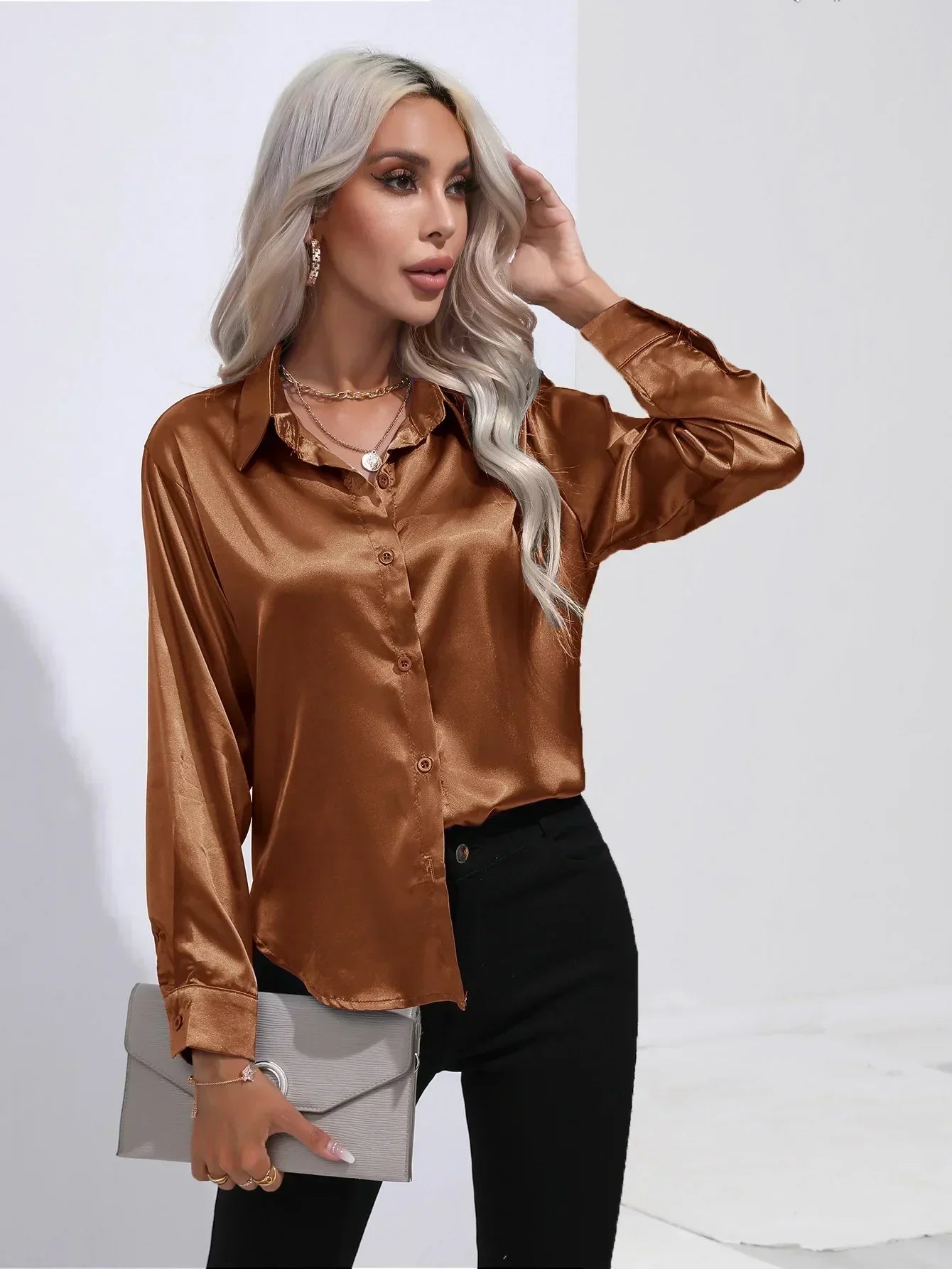 Women's Button-Down Satin Blouse - Long Sleeve V-Neck