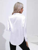 Women's Button-Down Satin Blouse - Long Sleeve V-Neck