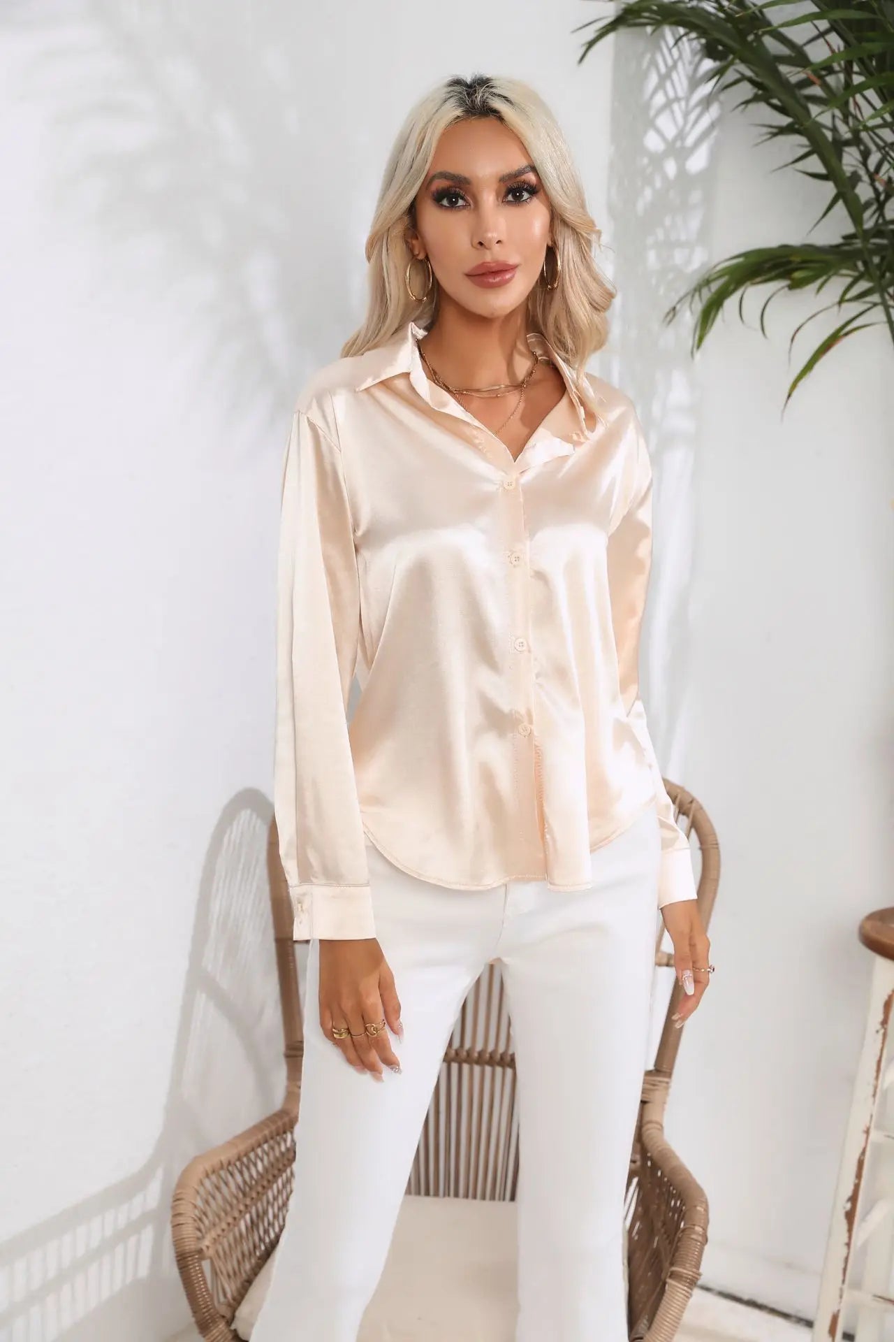 Women's Button-Down Satin Blouse - Long Sleeve V-Neck
