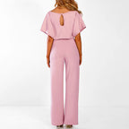 Women’s Short Sleeve Wide-Leg Jumpsuit with Waist Tie Detail