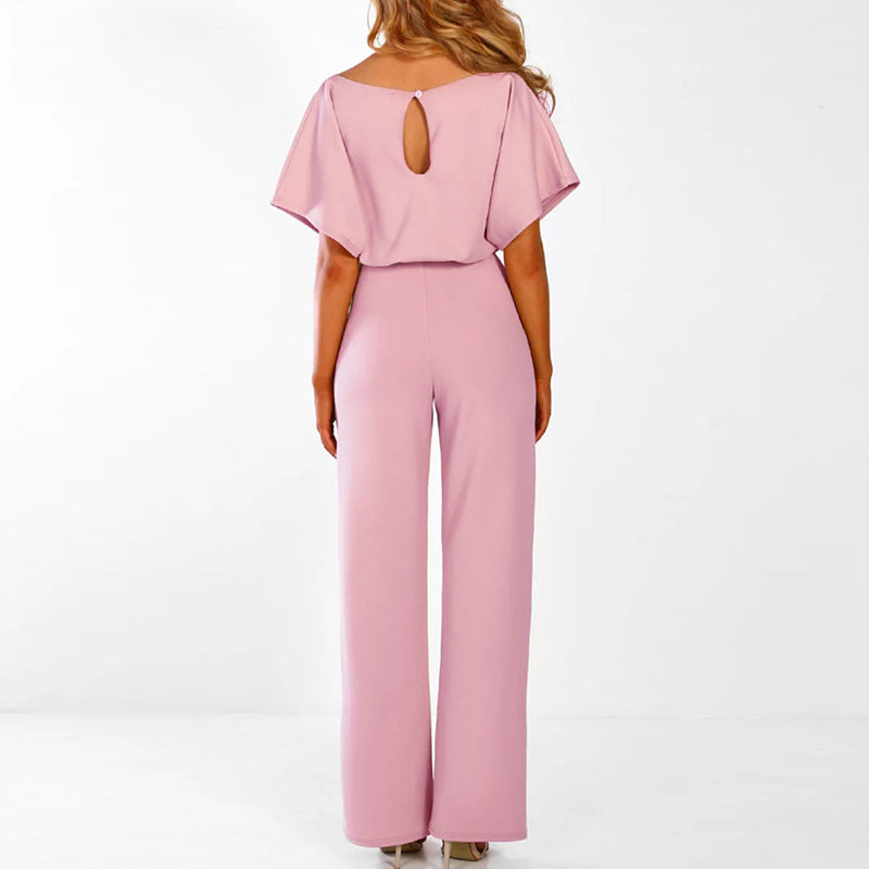 Women’s Short Sleeve Wide-Leg Jumpsuit with Waist Tie Detail