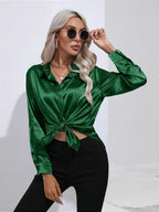 Women's Button-Down Satin Blouse - Long Sleeve V-Neck