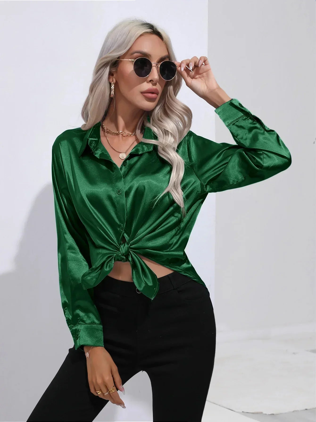 Women's Button-Down Satin Blouse - Long Sleeve V-Neck