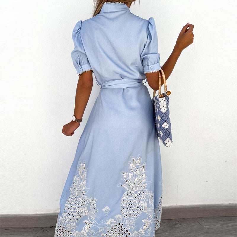 Women's Linen Midi Dress - Floral Embroidery & Tie Belt