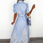 Women's Linen Midi Dress - Floral Embroidery & Tie Belt