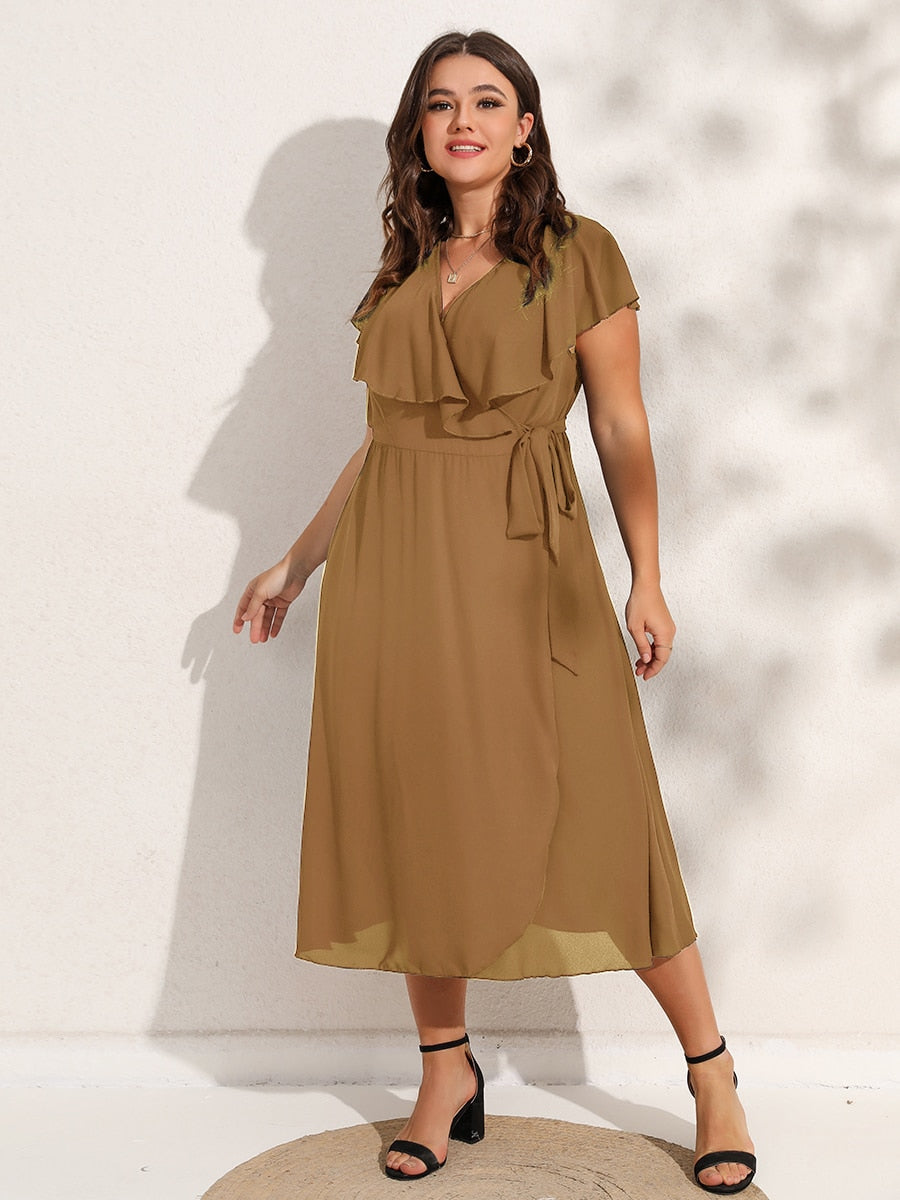 Women's Plus Size V-Neck Wrap Midi Dress