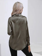 Women's Button-Down Satin Blouse - Long Sleeve V-Neck