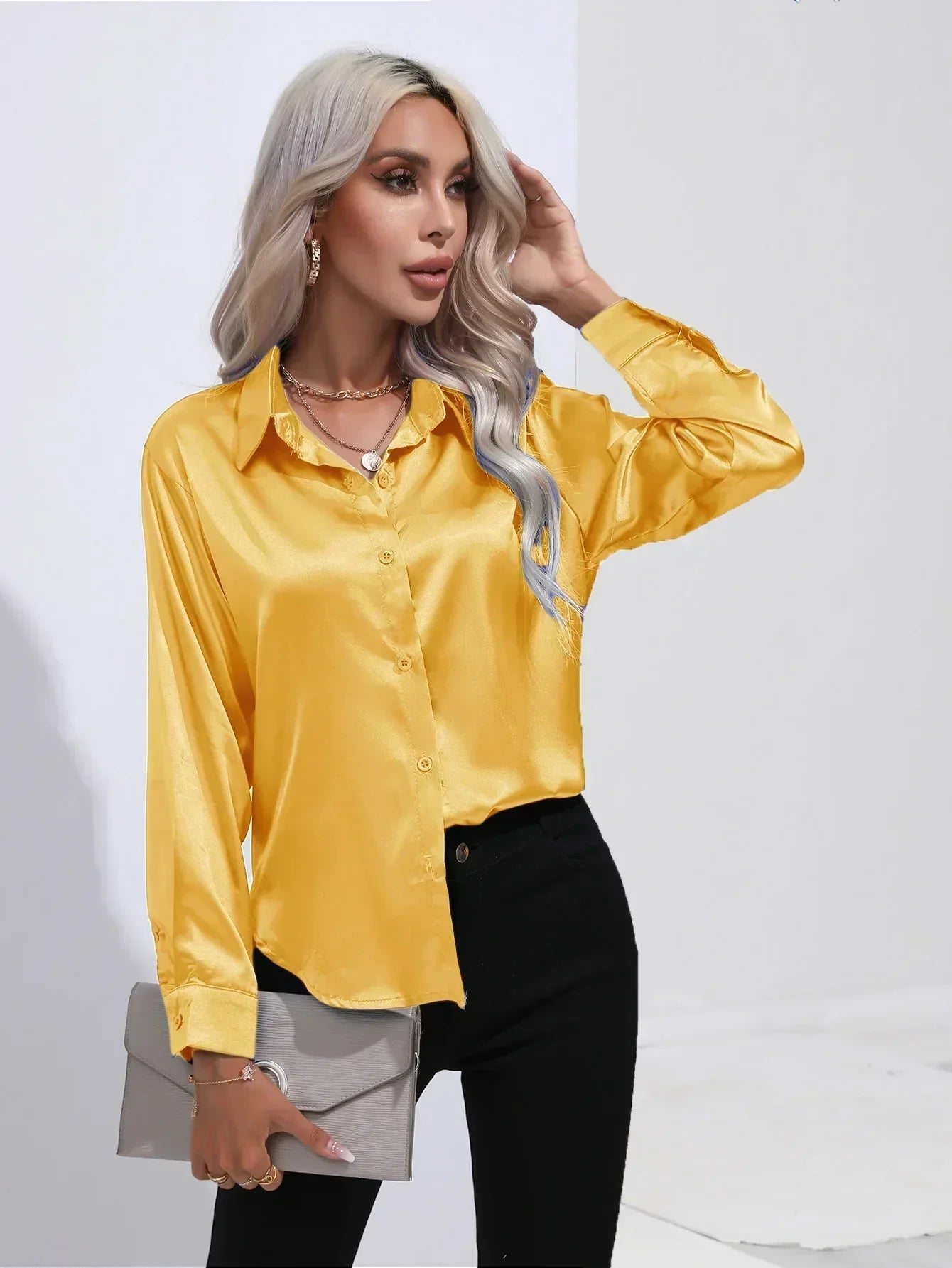 Women's Button-Down Satin Blouse - Long Sleeve V-Neck