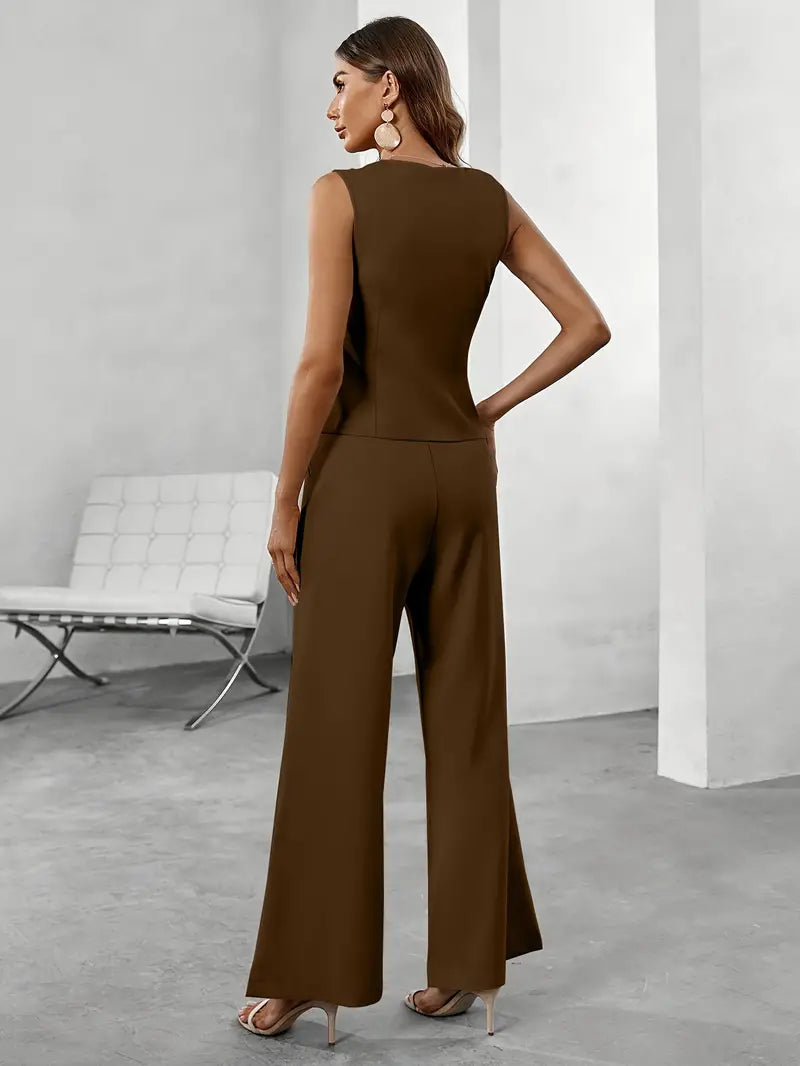 Women’s 2-Piece Tailored Set with Sleeveless Vest and Wide-Leg Pants