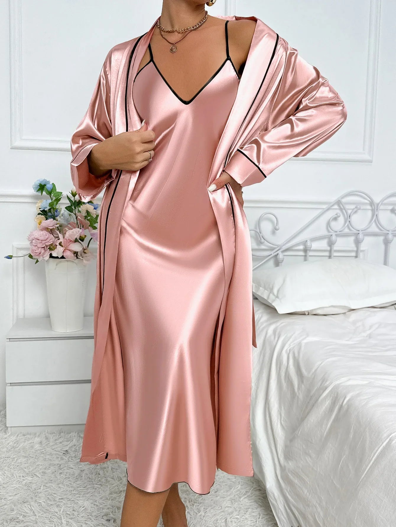 Women’s 2-Piece Pajama Set with Long Sleeve Robe and Slip Dress