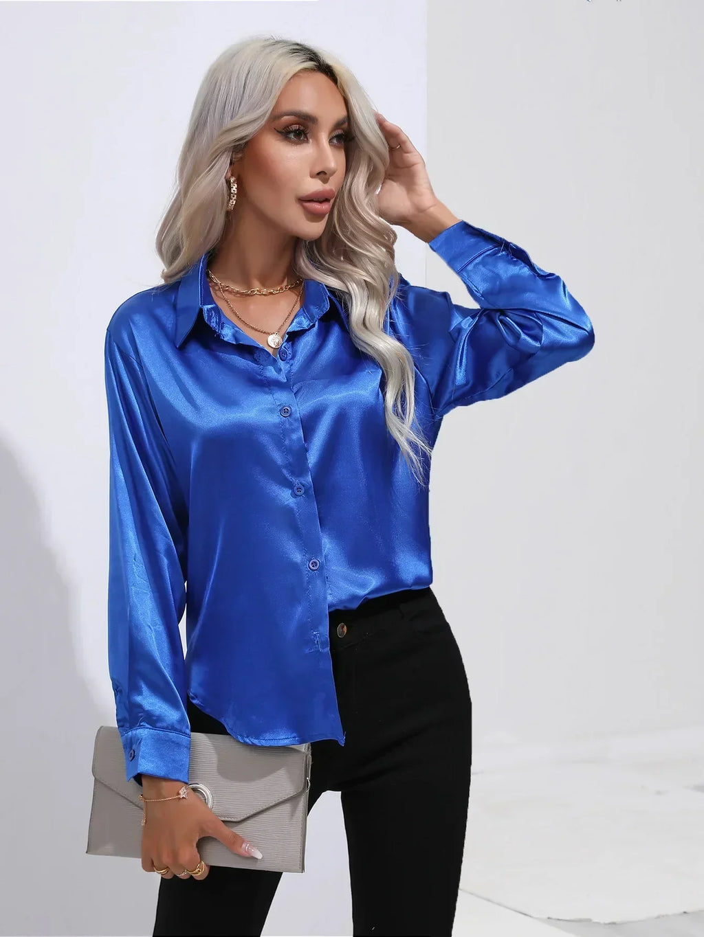 Women's Button-Down Satin Blouse - Long Sleeve V-Neck