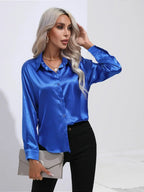Women's Button-Down Satin Blouse - Long Sleeve V-Neck