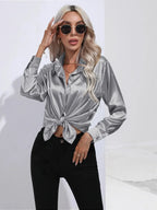 Women's Button-Down Satin Blouse - Long Sleeve V-Neck