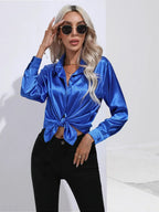 Women's Button-Down Satin Blouse - Long Sleeve V-Neck