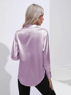 Women's Button-Down Satin Blouse - Long Sleeve V-Neck