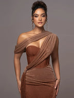 One-Shoulder Satin Maxi Gown with Draped Waist and Split
