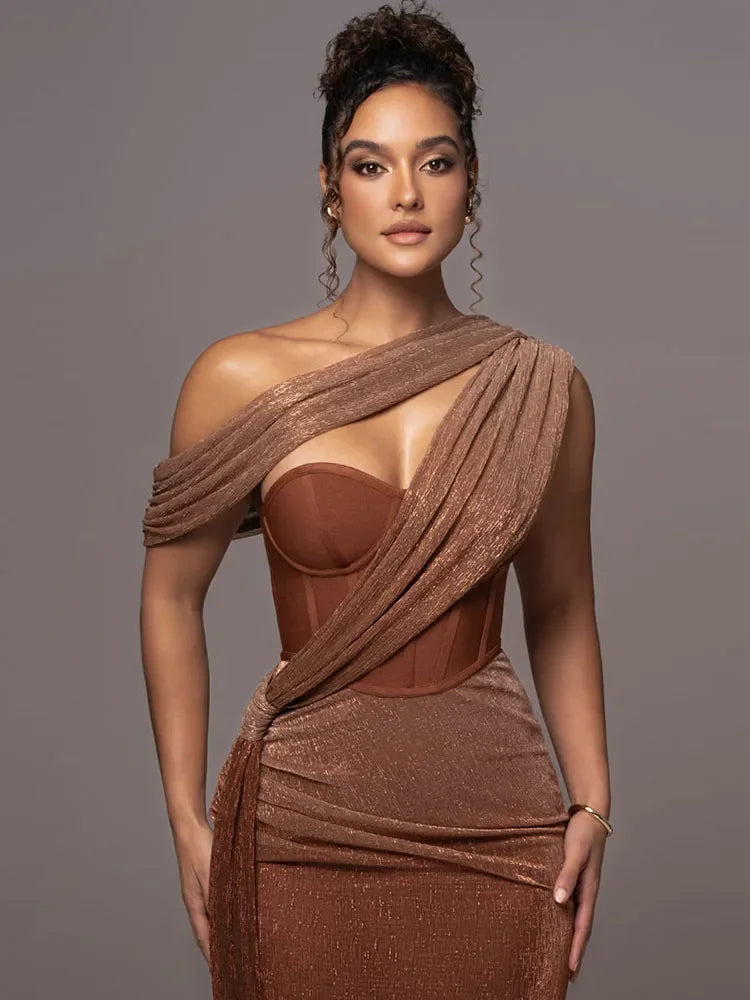 One-Shoulder Satin Maxi Gown with Draped Waist and Split