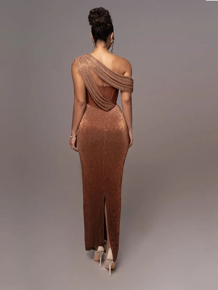 One-Shoulder Satin Maxi Gown with Draped Waist and Split