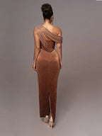 One-Shoulder Satin Maxi Gown with Draped Waist and Split