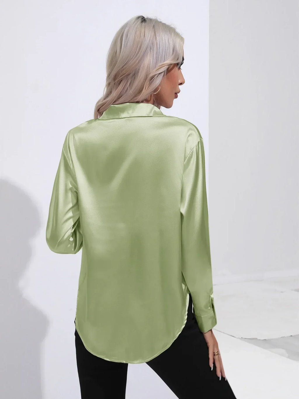 Women's Button-Down Satin Blouse - Long Sleeve V-Neck