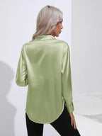 Women's Button-Down Satin Blouse - Long Sleeve V-Neck