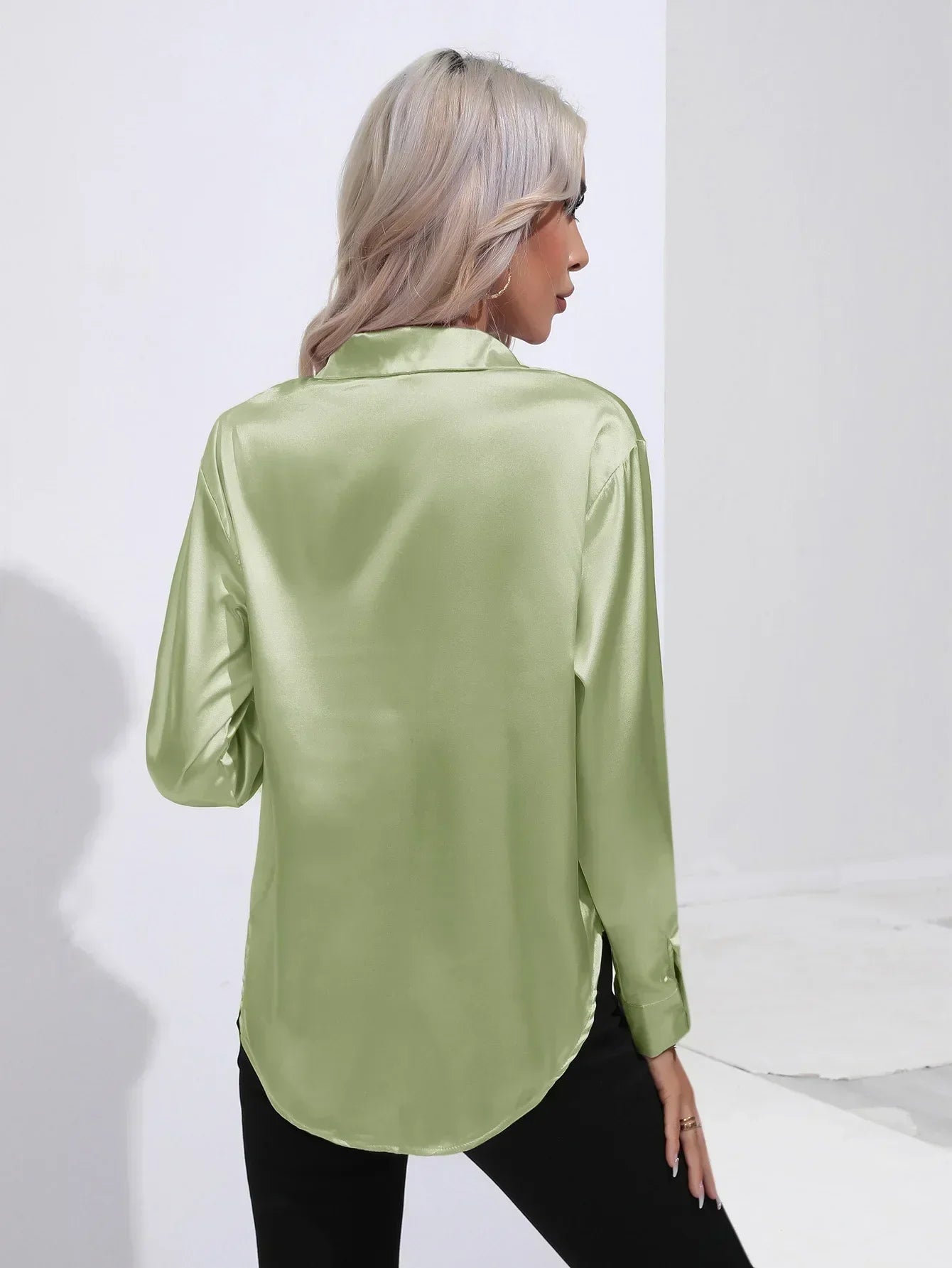 Women's Button-Down Satin Blouse - Long Sleeve V-Neck