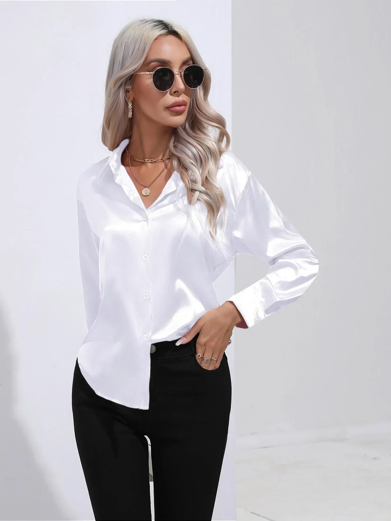 Women's Button-Down Satin Blouse - Long Sleeve V-Neck
