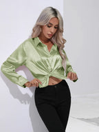 Women's Button-Down Satin Blouse - Long Sleeve V-Neck