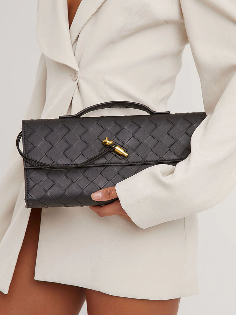 Women's Woven Leather Handbag with Gold Twist-Lock