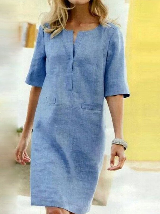 Women’s Cotton-Blend Short Sleeve Dress – Casual Knee-Length