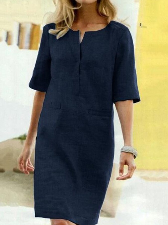 Women’s Cotton-Blend Short Sleeve Dress – Casual Knee-Length