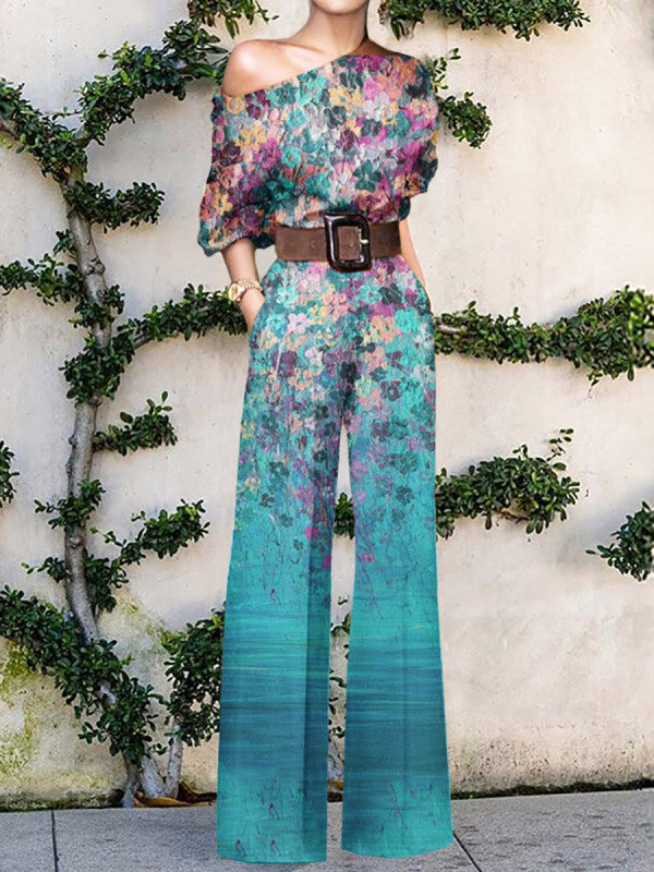 Women’s One-Shoulder Wide-Leg Jumpsuit with Artistic Print Design